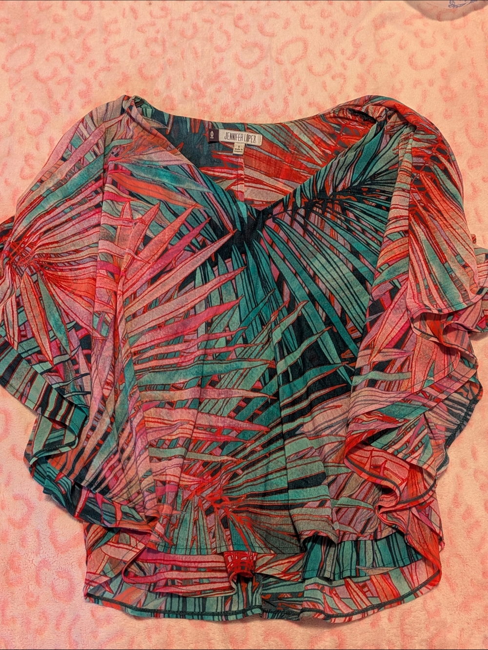 Jennifer Lopez Pink & Teal Tropical Print Flutter Sleeve Top Small